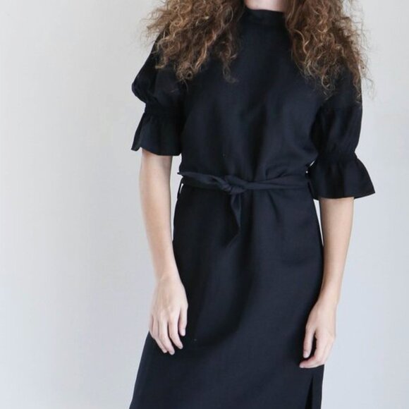 ❤️ A PIECE APART YERBA SANTA DRESS BLACK LINEN PUFF SLEEVES BOHEMIAN HIGH NECK - Picture 4 of 16